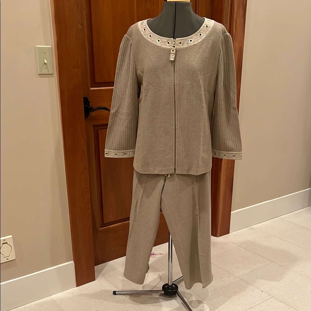 Elegant St. John Sport Beige Two-Piece Set with Eyelet Accents